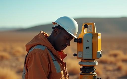 En geodet använder en teodolit i ett kargt fält, symboliserande precision och fältarbete inom geospatial talangrekrytering.